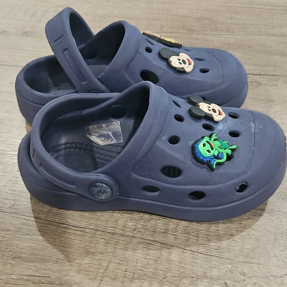 Kids Navy Blue Clogs with Cartoon Charms size 9